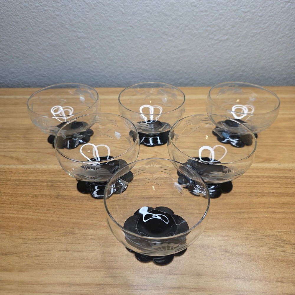 Rare 6 Weston Black Lily Pad Foot Base Champagne Sherbet Glasses Etched Floral